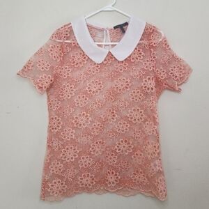 Women's Gracia Peter Pan Collar Peach Eyelet Top Sz Large